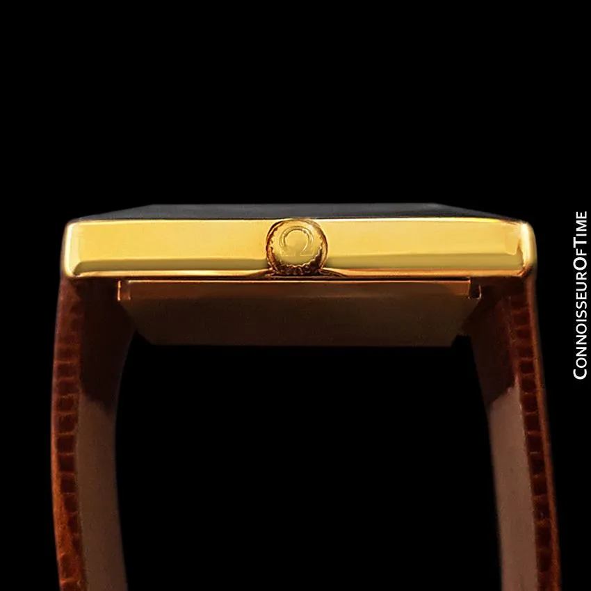 1975 Omega De Ville Vintage Mens Midsize Dress Watch With Checkerboard Dial - 18K Gold Plated